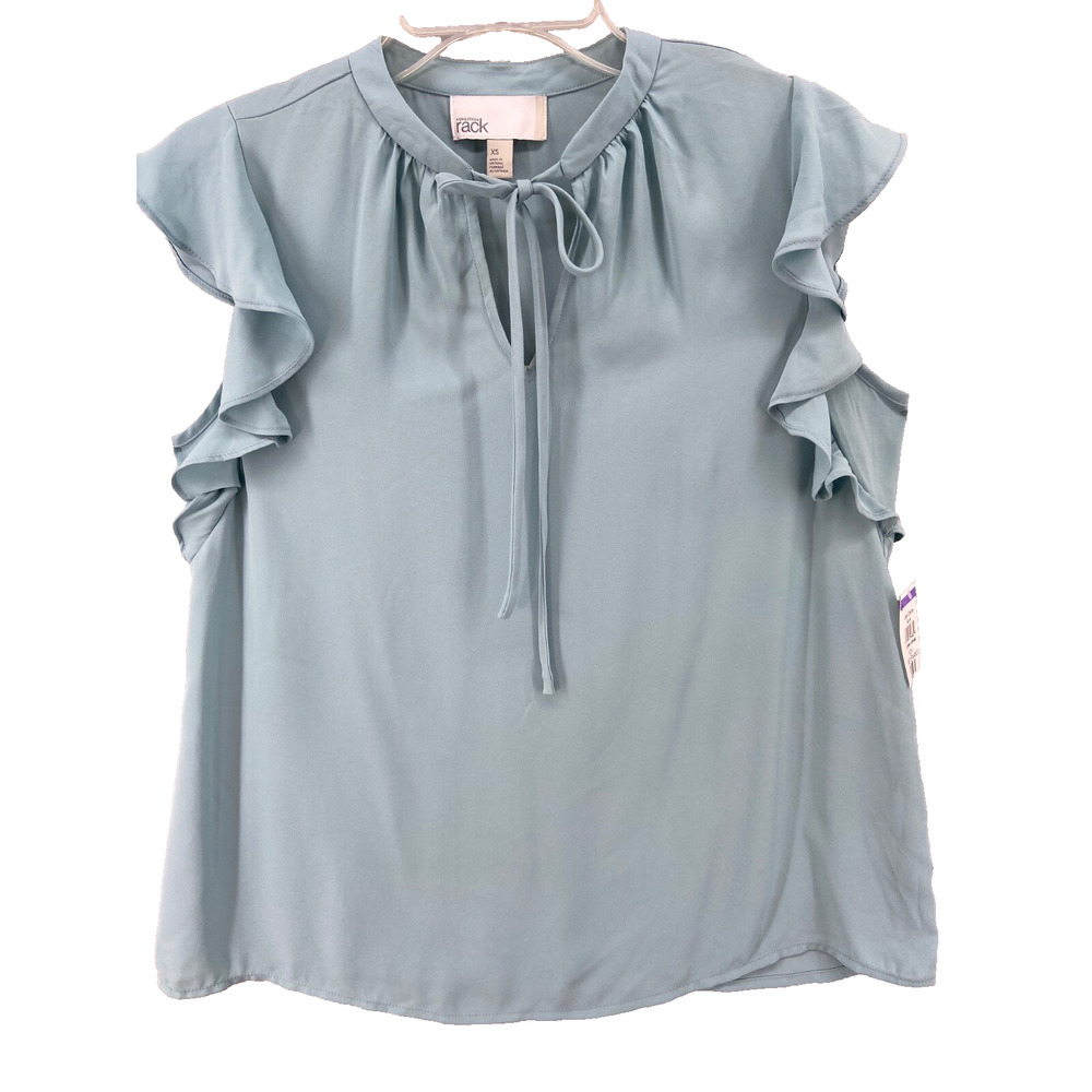 Nordstrom Rack Shirt Womens Sz XS Blouse Blue Bow Collar Tie Neck‎
